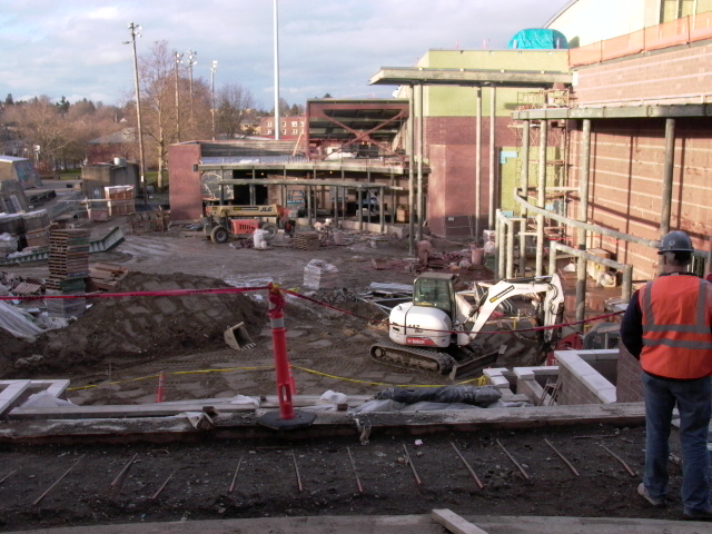 New PAC-PE buildings- from left to right, Teen Life Center at front of gyms, PAC auditorium with metal framing for entry- will be mostly glass enclosed